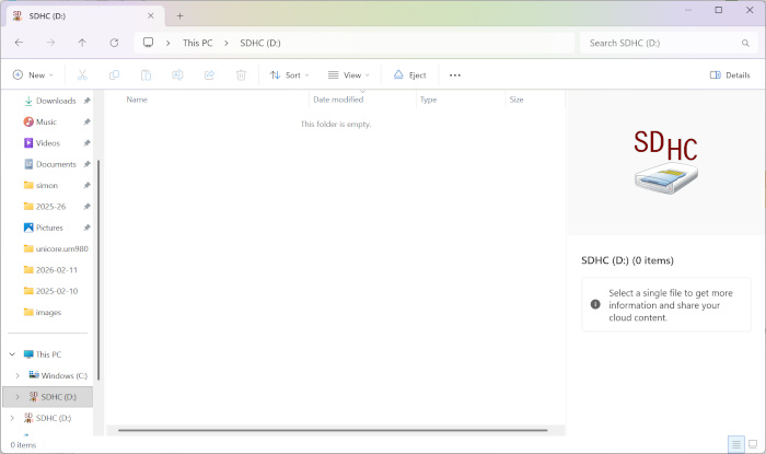 the windows file manager displaying contents of the micro SD card slot